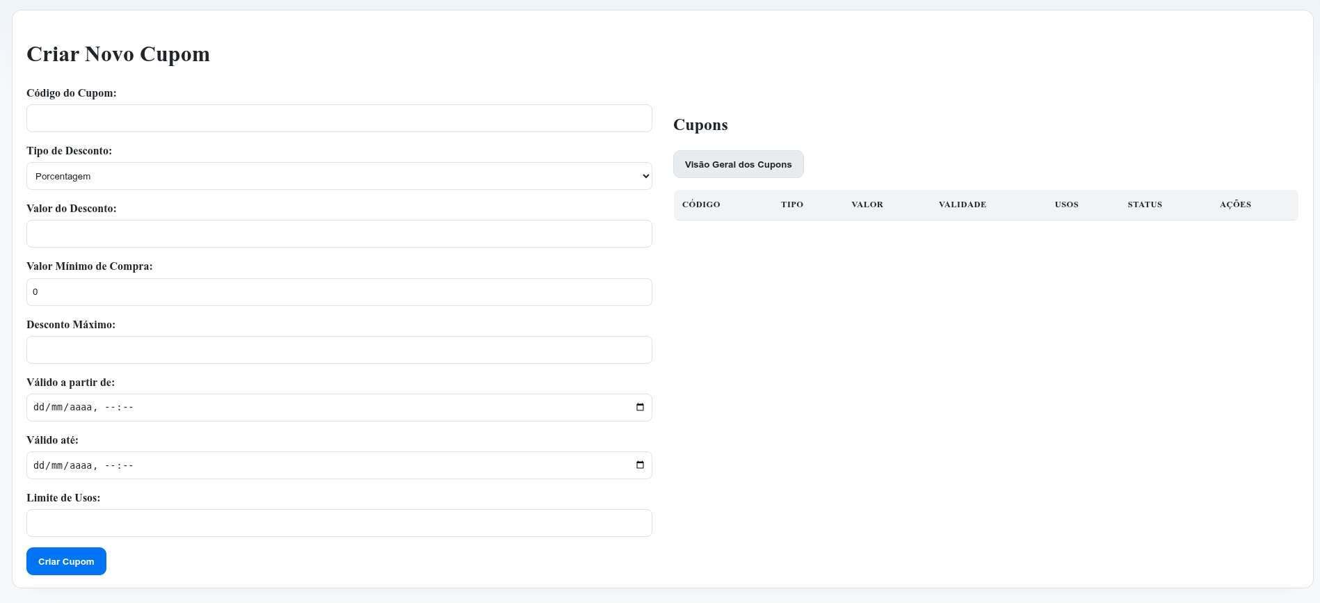 Tela de controle de cupons no modo claro