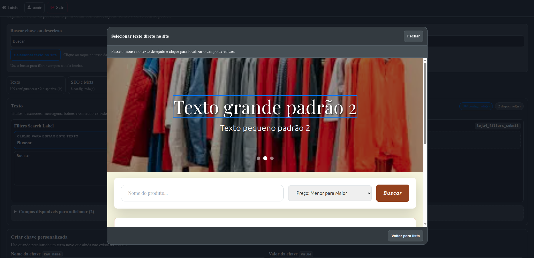 Tela de personalização da vitrine com editor visual